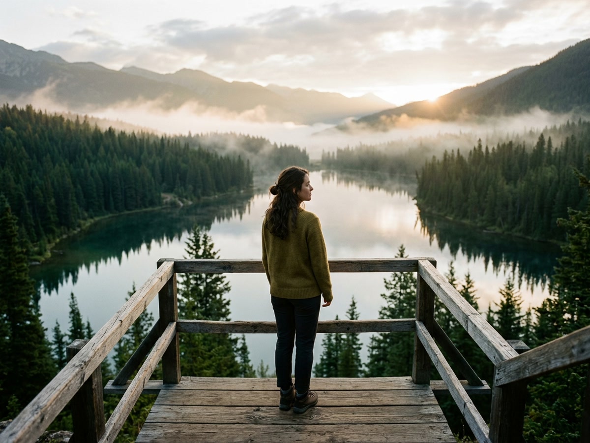 A contemplative person standing on an overlook in the morning light, looking out over a calm alpine lake and evergreen forest as mist clears