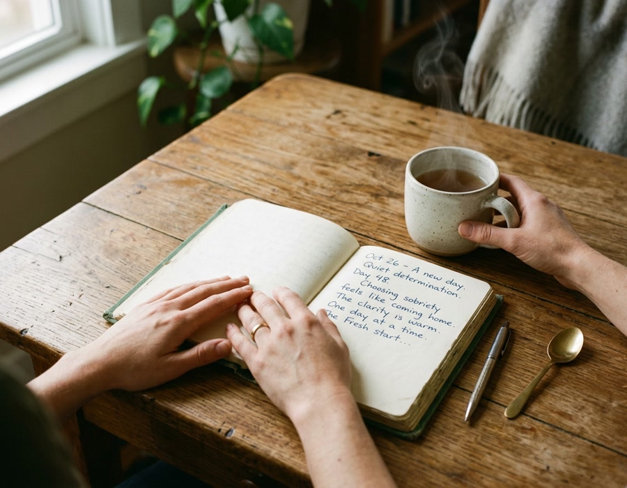 Hands resting quietly on an open personal journal with handwritten notes beside a warm cup of tea in gentle morning light, representing a peaceful decision to stop
